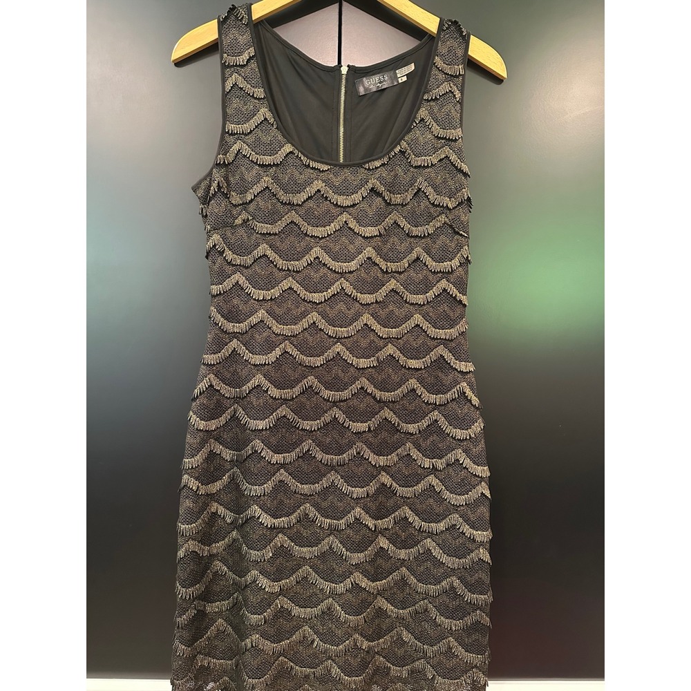 GUESS Los Angeles Black Gold Metallic Scalloped Fringe Sheath Dress Size 8